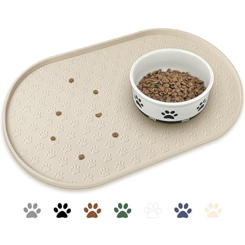 KPWACD Pet Feeding Mat for Dogs and Cats, Silicone Dog Placemat Non-Slip Waterproof Bowl Mats Prevent Food and Water Overflow, High-Lips Puppy Dish Tray Mat Suitable for Large Medium Small Pets, Beige - color: Beige, size: 19"L x 12"W