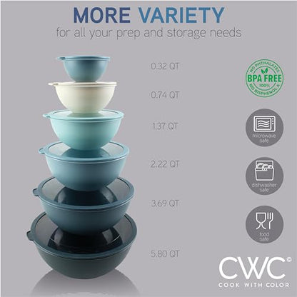 COOK WITH COLOR Mixing Bowls with Lids - 12 Piece Plastic Nesting Bowls Set includes 6 Prep Bowls and 6 Lids, Microwave Safe Mixing Bowl Set, Blue Tritan Lid - color: Blue Tritan Lid