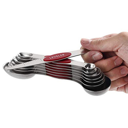 Spring Chef Magnetic Measuring Cups & Spoons Set, Patented, Strong N45 Magnets, Heavy Duty Stainless Steel Fits in Spice Jars for Baking & Cooking, BPA Free, Round Set of 15 with Leveler, Red - color: Red, size: Set of 15