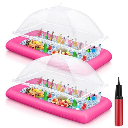 Leitee 5 Pcs Inflatable Serving Bar Kit Includes Salad Buffet Tray with Drain Plug Mesh Food Cover Food Drink Containers and Inflator for Ice Supplies Summer Party Camping Picnic(Pink) - color: Pink