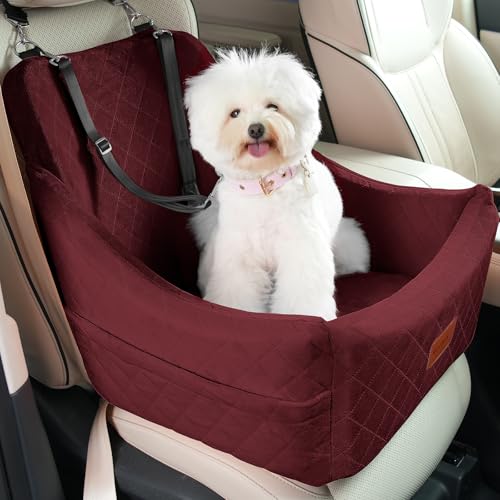 WOOAIDAGG Dog Car Seat for Medium Sized Dogs Up to 40lbs,Comfy Pet Travel Car Bed with Seat Belt Channle,Fully Detachable and Washable,Adjustable Straps,2 Side Pockets,Easy to Install (Red) - color: Red