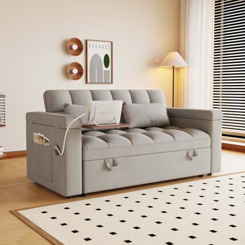 65" Foldable RV Love Seat Sofa, Modern Velvet Pull Out Couch with Table Board and UAB, Convertible Love Seat Sofa Bed with Adjustable Back and Pillow for Living Room, Small Spaces(Light Gray, 2 Seat) - color: Light Gray, size: 2 Seat