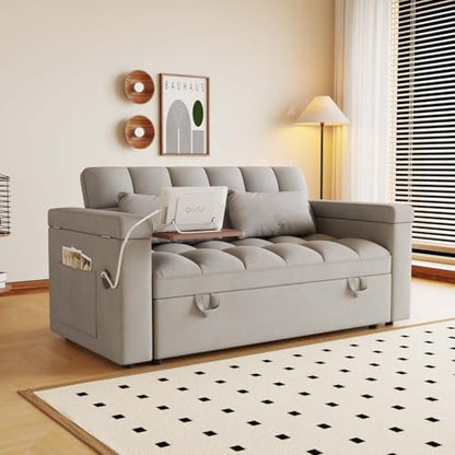 65" Foldable RV Love Seat Sofa, Modern Velvet Pull Out Couch with Table Board and UAB, Convertible Love Seat Sofa Bed with Adjustable Back and Pillow for Living Room, Small Spaces(Light Gray, 2 Seat) - color: Light Gray, size: 2 Seat