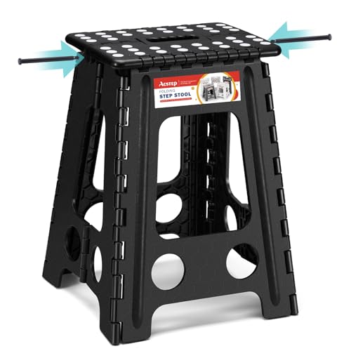 ACSTEP Folding Step Stool 17.5 Inch Heavy Duty Step Stool Foldable for Adults and Kids, Collapsible Stepping Stool with Handle, Non Slip Folding Stools for Kitchen Hold Up to 400lbs (Black 1PC) - color: Black, size: 17.5 Inch( Pack of 1)