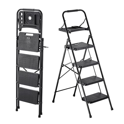 VEVOR 4 Step Ladder, Folding Step Stool with Wide Anti-Slip Pedal, Tool Tray, Comfort Handgrip, 600 lbs Capacity Portable Steel Ladder, Multi-Use for Kitchen, Home, Household and Office, Black - size: 18.3 x 35.8 x 57 in(Expanded)