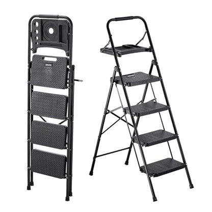 VEVOR 4 Step Ladder, Folding Step Stool with Wide Anti-Slip Pedal, Tool Tray, Comfort Handgrip, 600 lbs Capacity Portable Steel Ladder, Multi-Use for Kitchen, Home, Household and Office, Black - size: 18.3 x 35.8 x 57 in(Expanded)