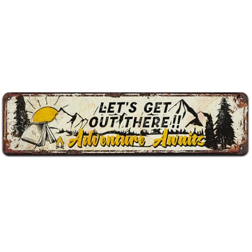 Let's Get Out There Adventure Awaits, Funny Home Decor, Hanging Wall Decorative Wanderlust Sign, Novelty Tin Signs 4x16 Inch - color: V-147