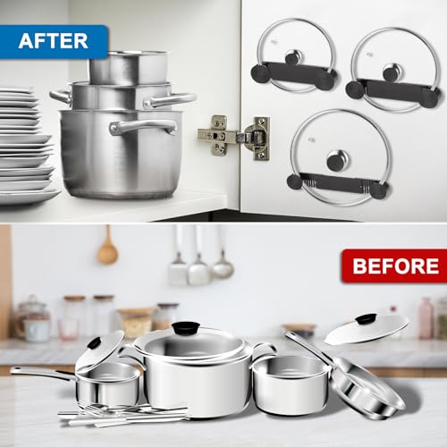 YONGAIJIA New Upgrade 4 Pack Adjustable Pot Lid Holder, Lid Organizer Fits 6" to 14" Lids, with Screw Hole Position and Sticky Wall Mounted Lid Storage Kitchen Cabinets, Cabinet Doors (Black) - color: Black