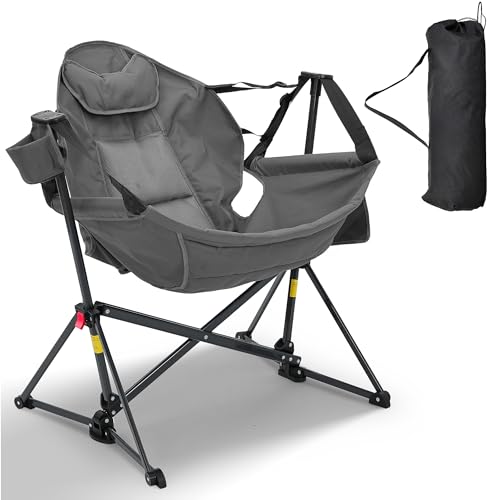 Ainfox Hammock Camping Chair, Foldable Portable Rocking Chairs for Adults Outside Swinging Camp with Cup Holder Pillow for Outdoor Patio Poolside (Grey) - color: Grey, size: Without Footrest