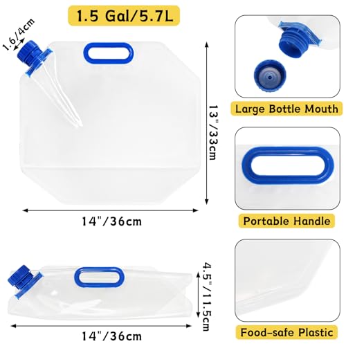 AVLA 6 Pack Collapsible Water Container Bag, 1.5 Gal Clear Plastic Foldable Storage Jug, No-Leak Freezable Camping Carrier Tank, Folding Hiking Hydration Canteen for Outdoor Sport Riding Mountaineer