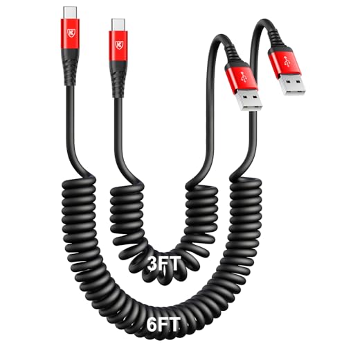 USB C Cable [3FT+6FT], 2Pack USB A to USB C 3A Fast Charging, Coiled Type C Charger Cord for Car USB-C Cable Compatible with iPhone 17/16/15/Plus/Pro/Samsung Galaxy A10e A20 A50 S20 Plus S10E-Red - color: Red, size: 3FT+6FT