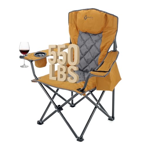 ARROWHEAD OUTDOOR Portable Deluxe Folding Camp Quad Chair w/Headrest, Glass & Cup Holders, Armest 6-can Cooler, Heavy Duty Carry Bag, 550 lbs Weight Capacity - color: Tan