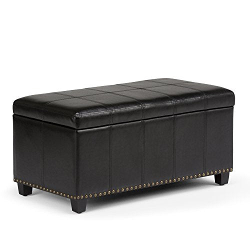 SIMPLIHOME Amelia Storage Ottoman - 33 inch Wide Vegan Leather Rectangle Storage Ottoman Bench in Midnight Black, Transitional Ottoman for Living Room with Nailhead Trim and Lift-Up Lid - color: Midnight Black