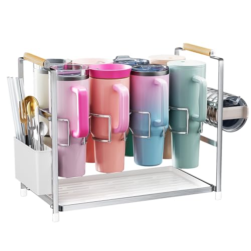 Housolution Water Bottle Organizer Drying Rack for 40 oz Tumbler with Handle, Multifunctional Cup Storage Holder Compatible with Stanley, Owala, Simple Modern and Other Brands, Silver(Patented) - color: Silver, style: 8 Slots, for 40oz Cups