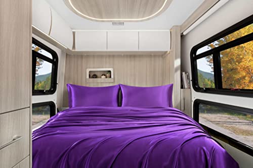 Homiest 4pcs RV Short Queen Satin Sheets Set Luxury Silky Satin Bedding Set with 10" Deep Pocket, Camper Queen Sheets, 1 Fitted Sheet + 1 Flat Sheet + 2 Pillowcases (RV Short Queen, Purple) - color: Purple, size: Deep pocket - RV / Short Queen size