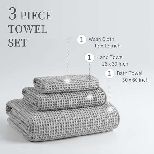 MICROFI New Microfiber Waffle Bath Towels, 3 Pieces, Oversized, Soft, Absorbent, Fast Drying, Lint Free, Includes Bath, Face and Hand Towels 430 GSM (Silver) - color: Silver