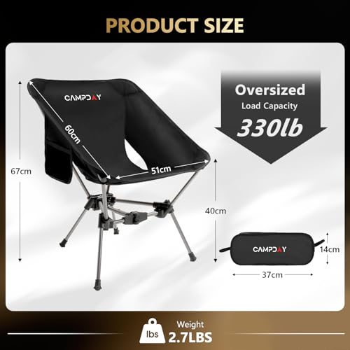 Camping Chair Backpacking Portable Hiking Ultralight Small Lightweight Folding Chair for Outdoor Camp Beach Picnic Concert, Supports 330lbs (Black,1PCS)
