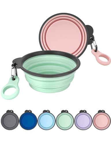 Aonkey Collapsible Dog Bowls with Bottle Carrier, 2 Pack Travel Dog Water Bowl Upgraded Carabiner, One-piece Molded Rim No Fall Off or Crack, Foldable Silicone Portable for Pets Walking Hiking 15oz - color: 8. Sprout Green & Pink, size: Small (Pack of 2)