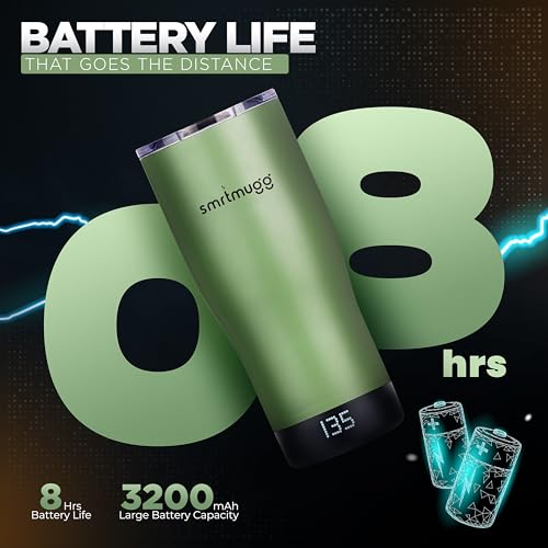 SmrtMugg X Heated Coffee Mug 19 oz., 8 Hour Battery Life, Self-Heating, Adjustable Temp Controlled, LCD Screen, Includes Cover with Magnetic Slider (Black) (Sage Green) - color: Sage Green