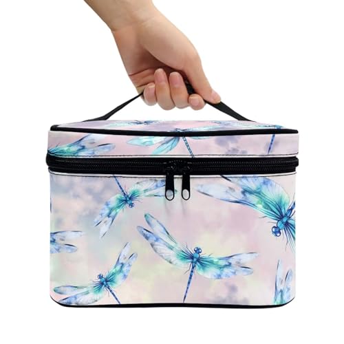 Portable Cosmetic Bags for Women Dragonfly Printed Travel Makeup Bag with Handle and Smooth Zipper Toiletry Pouch Plenty of Room - color: Dragonfly