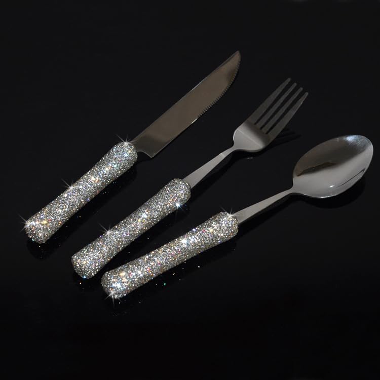 Bling Rhinestone Crystal Dazzling Culinary Utensils Travel Set for Office, Lunch, and Travel (3, Silver) - color: Silver