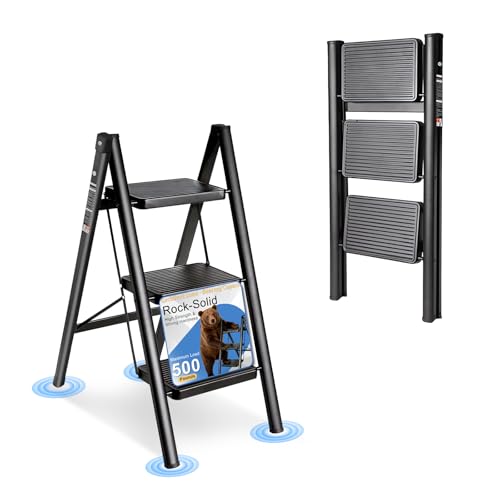 3 Step Ladder Folding Step Stool Carbon Steel Frame | 500LBS Capacity Sturdy Anti-Slip Thick Pedal & Feet Portable for Home Kitchen Garage (black-3step) - color: Black, size: 3 step