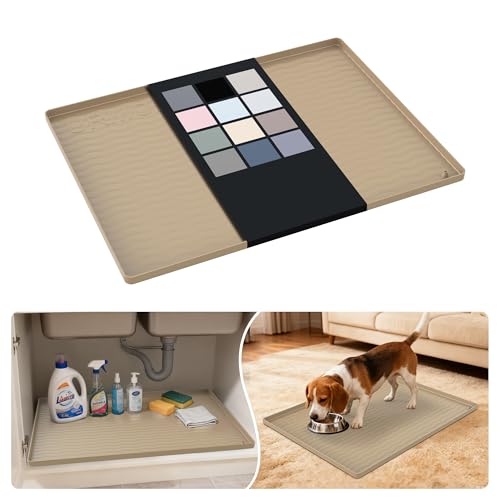 URMONA Waterproof Silicone Under Sink Mat 25'' x 19'' Shelf Liner for Kitchen and Bathroom, Cabinet and Counter Protector, Storage and Organizers, Litter Mat, Pet Cat Puppy Essentials(Khaki) - color: Khaki, size: 19"W x 25"L