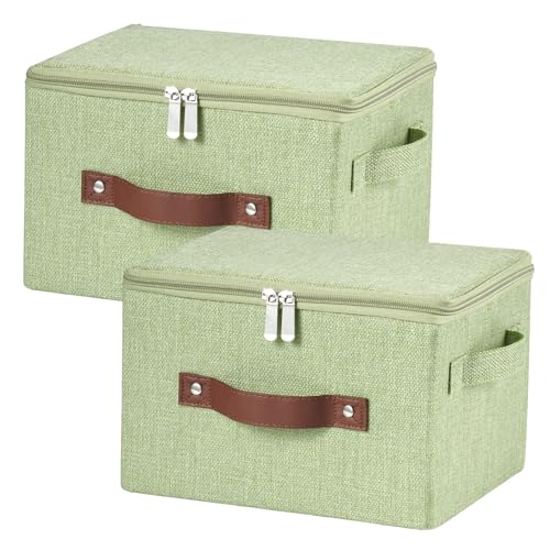 2 Pack Storage Bins with Zipper Lid Cotton Linen Fabric Lidded Storage Baskets Boxes Foldable Washable Closet Shelf Clothes Organizer Container with PU Leather Handles (Green, Small Size) - color: Green, size: Small ( Set of 2 )