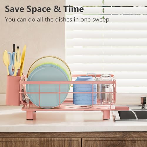 AIDERLY Auto Drain Metal Dish Drying Rack Dish Drainers, Pink | with Draining Tray, Strainer, for Kitchen Counter, Sink - color: Pink