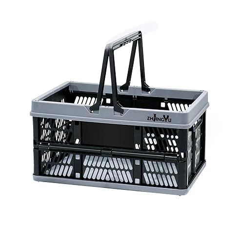ZHJINGYU plastic baskets with handles 20L,collapsible crates for storage,14.96"x9.84"x7.87" foldable shopping basket ,foldable crate with Handles for car Classroom Kitchen Bathroom Medicine Milk - color: Black, size: 14.96"x9.84"x7.87"