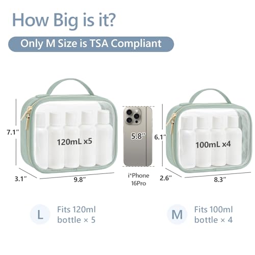 PACKISM TSA Approved Toiletry Bag Combo Pack, 1 Clear Makeup Bag Medium & Large for Checked Luggage, Clear Travel Bag with Handle, Water-resistant Travel Essentials Organizer, Laurel Green