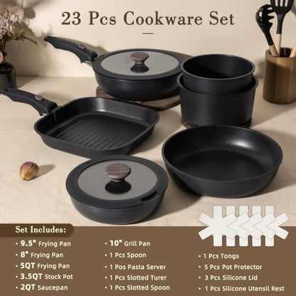 Astercook 23 Pcs Pots and Pans Set Non Stick, Ceramic Cookware Set Detachable Handle, RV Kitchen Cooking Set Removable Handles, Oven Safe, Induction Ready, Stackable, Black, Mothers Day Gifts - color: Black, size: 23 Piece