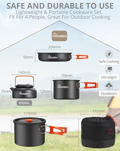 HOMGEN Portable Ultralight Anodized Aluminum Camping Cookware Set - Nesting Camping Pot and Pan-800ml Insulated Teapot-Carrying Bag-for Camping Hiking Picnic RV Trip - size: For 4 People