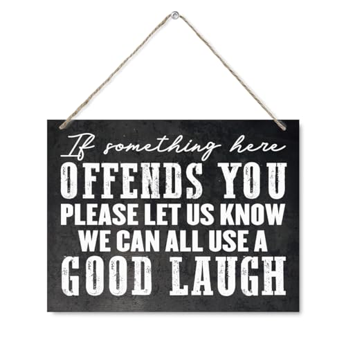 Funny Home Decor - If Something Here Offends You Please Let Us Know We Can All Use A Good Laugh, Family Hanging Signs, Funny Wooden Hanging Wall Sign, Rustic Wood Decor for Home Bedroom Outdoor - color: HOME 35