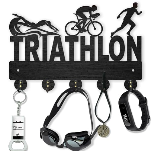 MAYJOYDIY Triathlon Coat Hooks Wall Mounted 11.8×8inch Key Holder Hooks Wood Wall Coat Rack 5 Metal Hooks Hook Rack Rail for Art Decor Gift Sports Hat Medals Swimming Goggles Wall Hanger - color: Triathlon