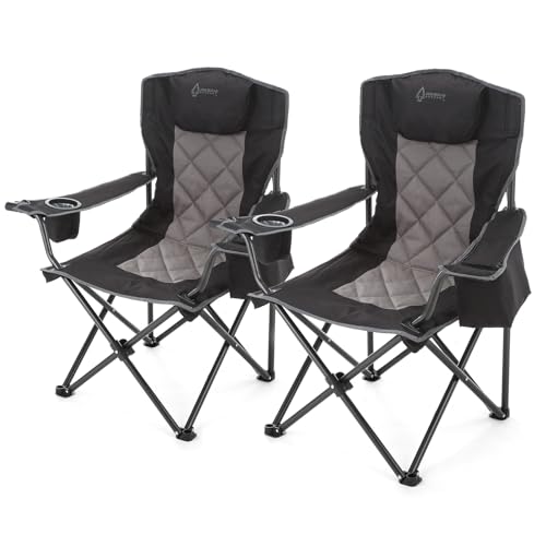 ARROWHEAD OUTDOOR 2-Pack Portable Deluxe Folding Camp Quad Chair w/Headrest, Glass & Cup Holders, Armest 6-can Cooler, Heavy Duty Carry Bag, 550 lbs Weight Capacity - color: Black 2pack