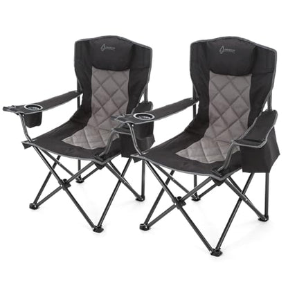 ARROWHEAD OUTDOOR 2-Pack Portable Deluxe Folding Camp Quad Chair w/Headrest, Glass & Cup Holders, Armest 6-can Cooler, Heavy Duty Carry Bag, 550 lbs Weight Capacity - color: Black 2pack