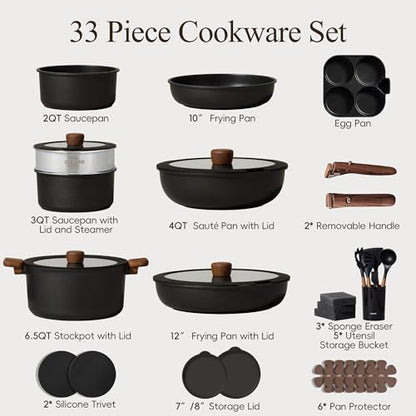 CAROTE 33pcs Pots and Pans Non Stick, Cookware Sets Detachable Handle, Induction Kitchen Pots and Pans,NonStick Cooking Set, Oven/Dishwasher/Fridge Safe, Space Saving, Mothers Day Gifts - color: Black, size: 33 Piece