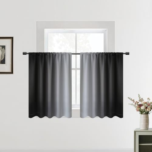 SimpleHome Black Small Kitchen Window Curtains Over Sink - Rod Pocket Thermal Insulated Window Half Short Curtains for Cafe/RV Camper/Bathroom, 2 Panels, 52x36 inches Length - color: Black, size: 52"W x 36"L (Pack of 2)