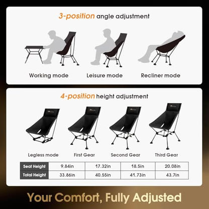 MOON LENCE Folding Portable High Back Camping Chairs for Adults, Adjustable Oversize Lightweight for Beach Hunting Hiking Backpacking (Black)