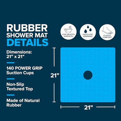 SlipX Solutions Square Natural Rubber Shower Stall Mat, 21” x 21”, Mildew Resistant, Non Slip Safety, Antimicrobial Product Protection, 140 Power Grip Suction Cups, Center Drain Hole, White - color: White