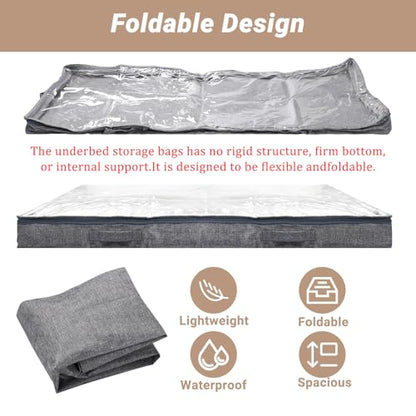 2 Pack 100L Low Profile Under Bed Storage Containers,4 Inches High Lightweight Underbed Storage NO STRUCTURE,Large Foldable Underbed Cloth Storage Bags for Blanket Fits Under Sofa,Couch,Grey