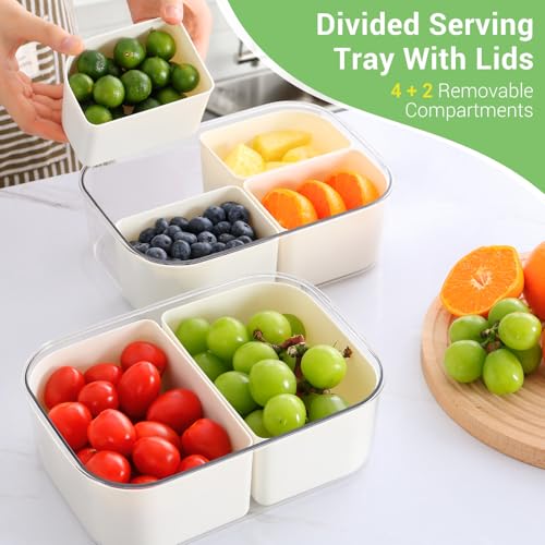 LUXEAR Small Snack Box Container 2 Pack, Dishwasher Safe&Freezer Safe Leak-Proof 4 Compartment Serving Tray with Lid, BPA-Free Divided Lunch Tray for Fruits, Candy, Charcuterie, Travel & Meal Prep | Portable Mini Snack Container with Lid, Clear Divided Tr