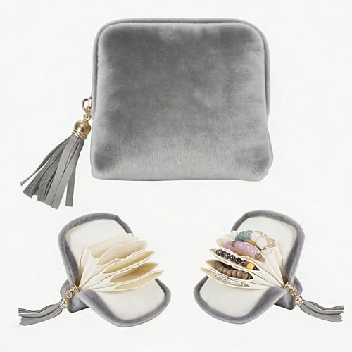 Travel Jewelry Case Small with Tassel Zipper, Soft Velvet Travel Jewelry Organizer Pouch for Necklaces, Rings and Earrings, Portable Multi Layer Jewelry Bags, Anti Tangle Storage (grey) - color: grey