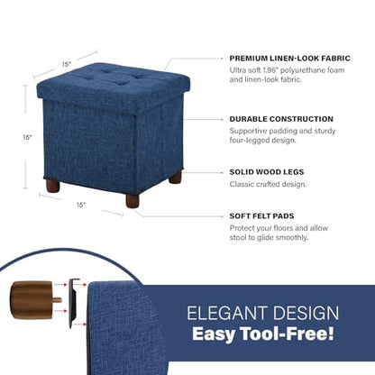 15 Inch Storage Ottoman with Wooden Legs - Cube Foot Rest Stool, Square Footstool, Comfortable Seat with Lid, Foldable Fabric Ottoman, Space-Saving Navy - color: Squ Blue
