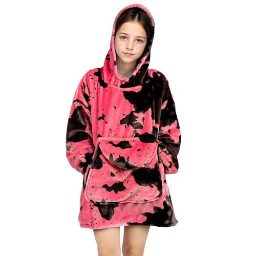 cow print Pink Wearable Blanket Hoodie 6-13 Year Old - Cozy Soft Fleece Flannel Hot Pink Hooded Sweatshirt Blanket, Christmas/Birthday Gifts for Teens Girls - color: Black Pink, size: Kids-M