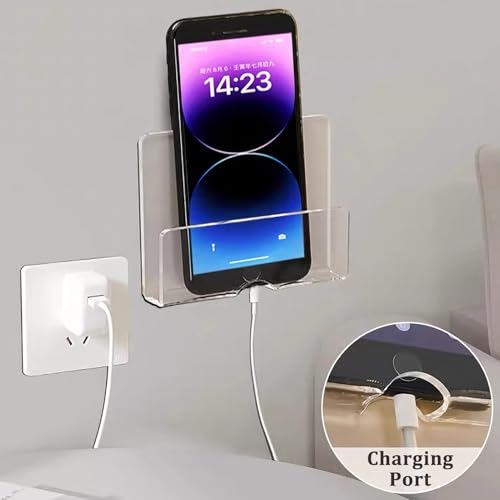MIUPOO Clear Wall Mounted Phone Holder,Acrylic Phone Stand Self Adhesive with Charging Hole,Smartphone Cradle Bedside Organizer Remote Control Stand for RV Charging,2 Pieces. (2, Clear)