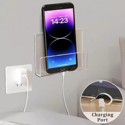 MIUPOO Clear Wall Mounted Phone Holder,Acrylic Phone Stand Self Adhesive with Charging Hole,Smartphone Cradle Bedside Organizer Remote Control Stand for RV Charging,2 Pieces. (2, Clear)