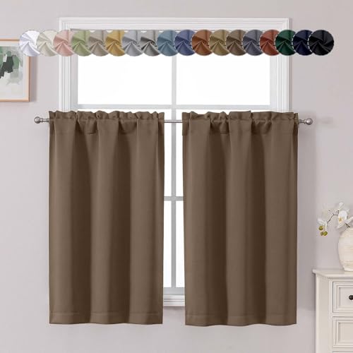 Chyhomenyc Brown Short Blackout Curtains 45 Inch Length, Small Kitchen Curtain Tier Rod Pocket Half Window Curtains for Bathroom Basement Cabinet Camper RV Bunk, 2 PCS, Each 30" Wx45 L - color: Brown, size: 30"W x 45"L (Pack of 2)