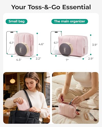 BAGSMART Makeup Bag Duo Set, Puffy Padded Travel Cosmetic Organizer with Slip-in Pockets, Large Toiletry Bag & Small Purse Pouch, Travel Essentials for Women, Chocolate - color: 16-Chocolate